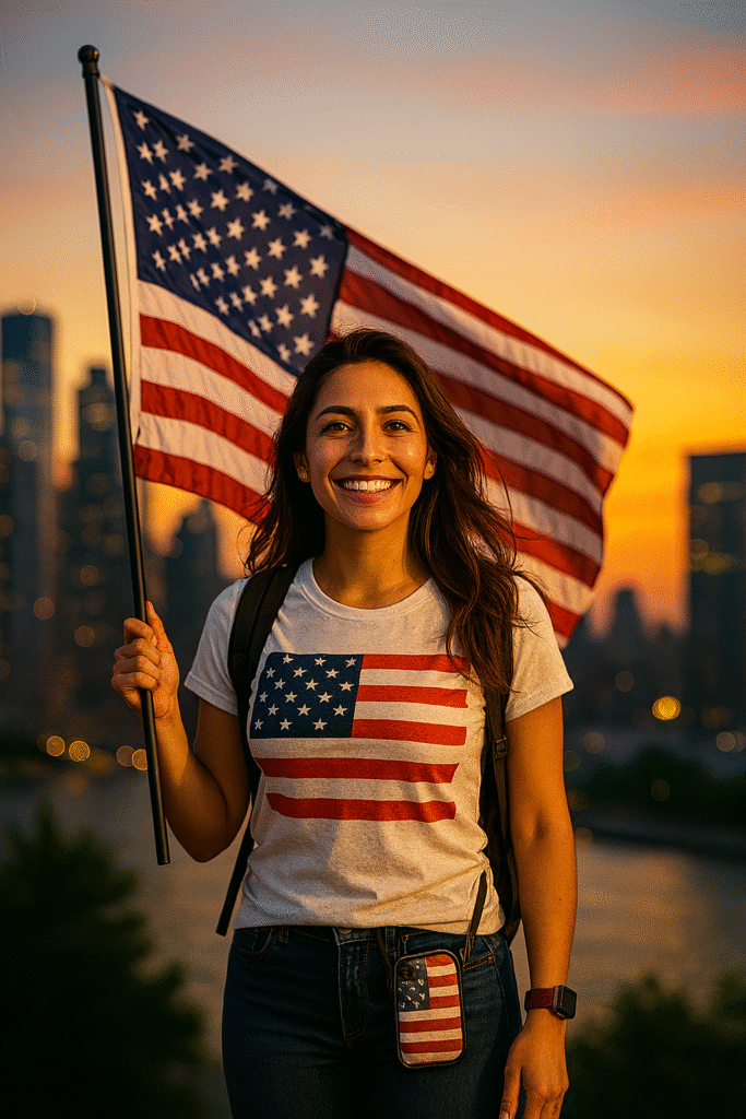 The scene captures a joyful young American-Latina woman standing proudly at sunset, holding the flag with confidence. Her outfit, accessories, and the golden-hour cityscape all reflect the patriotic, celebratory mood you envisioned.