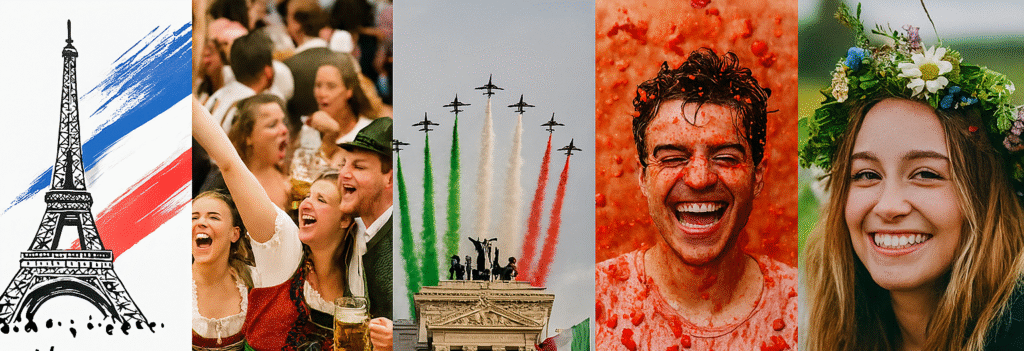 "A horizontal collage of five European cultural festivals. From left to right: Bastille Day in France with a stylized Eiffel Tower and French flag brushstrokes; Oktoberfest in Germany showing people in Bavarian attire cheering with beer mugs; Ferragosto in Italy featuring jets flying over the Altare della Patria with tricolor smoke trails; La Tomatina in Spain with a smiling man covered in tomato pulp; and Midsummer in Sweden showing a woman wearing a vibrant flower crown, smiling outdoors